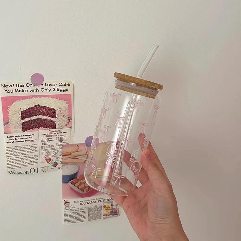 Милые стеклянные стаканы с бантом, бамбуковой крышкой и соломинкой, 500 мл, стеклянные стаканы в форме банки, стаканы для горячего кофе, сока, подарочный стакан