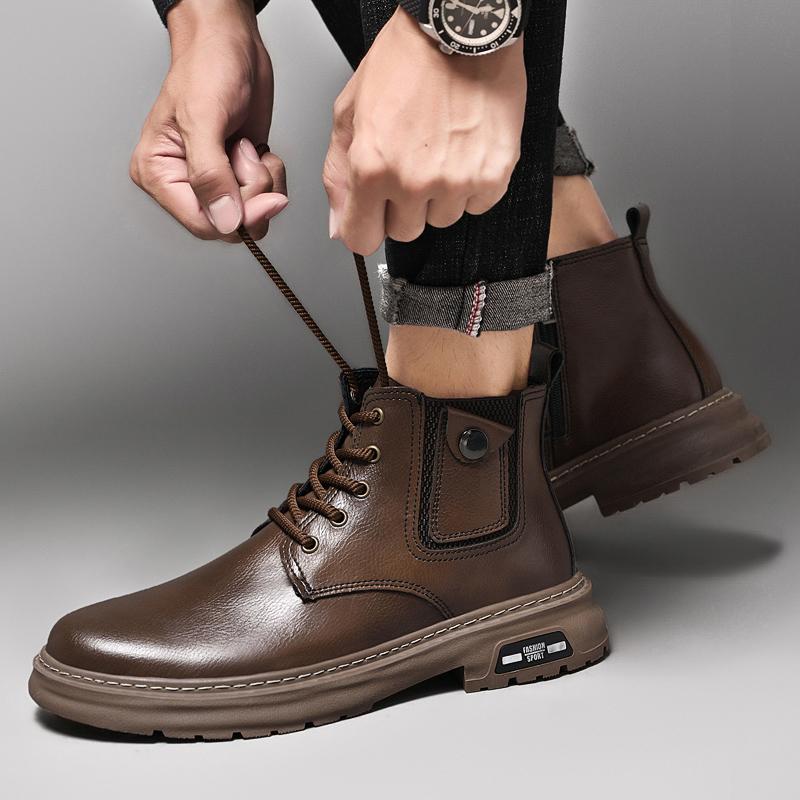 Fashion Men Fashion Genuine Leather Boots 2024 New Autumn Winter Classic Ankle Cowboy Boot Men British Style Warm Plush Motorcycle Boots