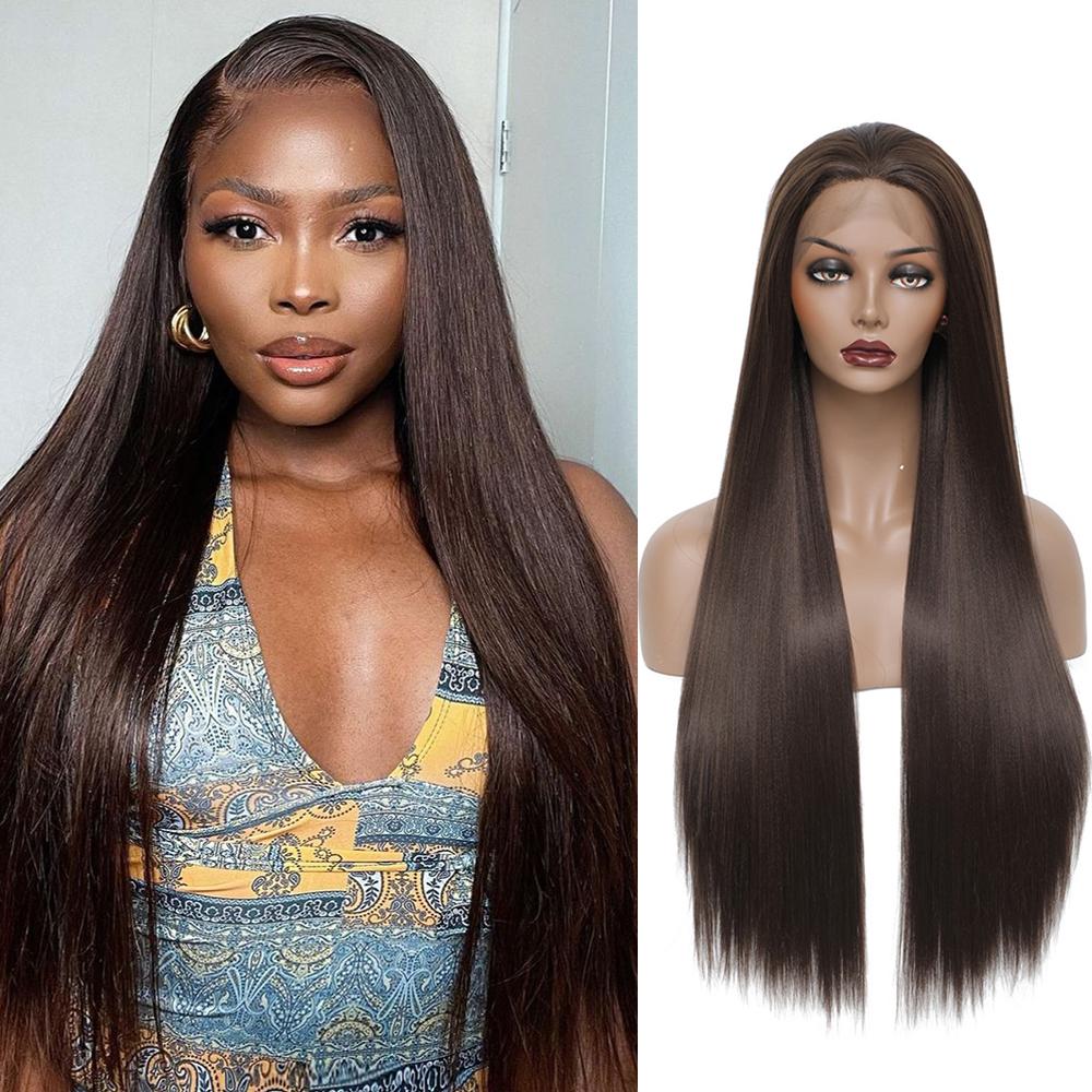 3X13 Lace Frontal Synthetic Wig Long Wavy Hair For Black Women Free Part Brown Color High Density Transparent Lace Front Wig