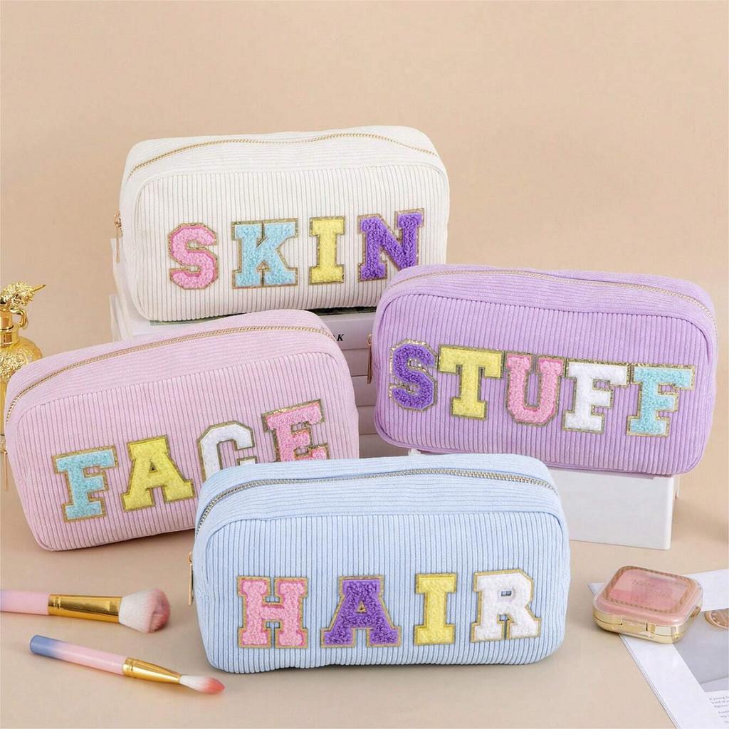 Letter Design Corduroy Toiletry Organizer With Breathable Fabric For Daily Use