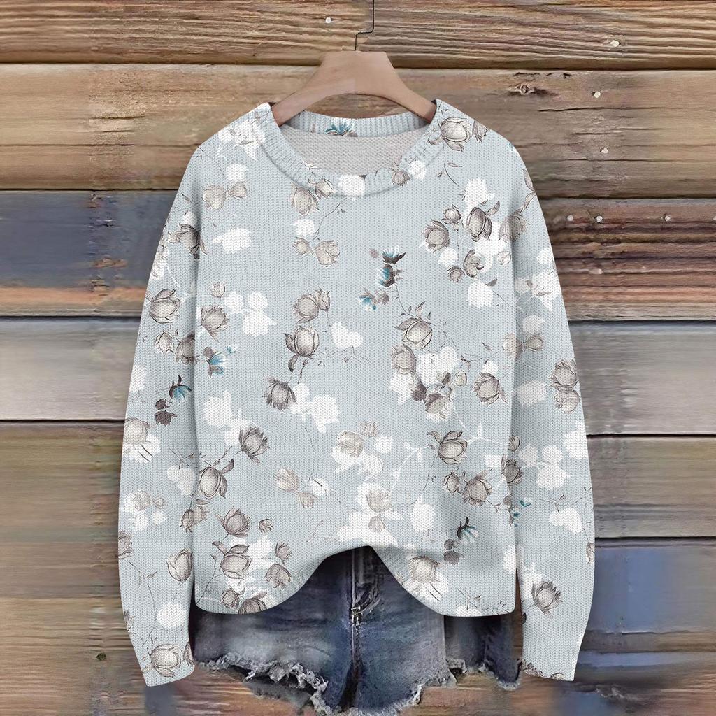 Пуловеры с длинным рукавом для женщин, с круглым вырезом, повседневные, милые, с принтом, вязаные, оверсайз