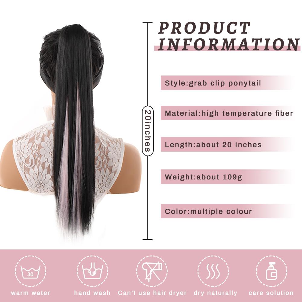 Long Straight Claw Clip Ponytail Brown Black Mixed Pink Synthetic Ponytail Ponytail Wig for Women