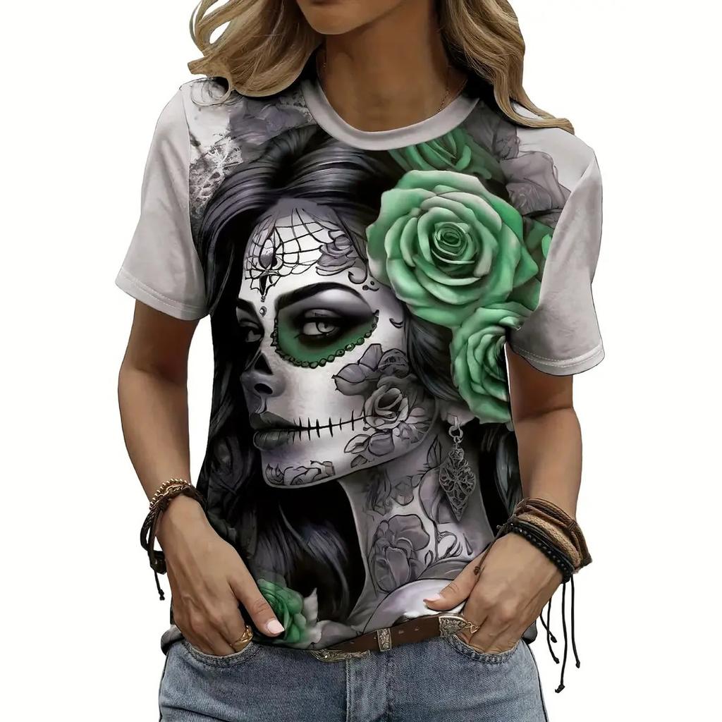 Женская повседневная футболка с принтом скелета, топ с круглым вырезом, летняя футболка с коротким рукавом, женская свободная одежда, модный уличный пуловер