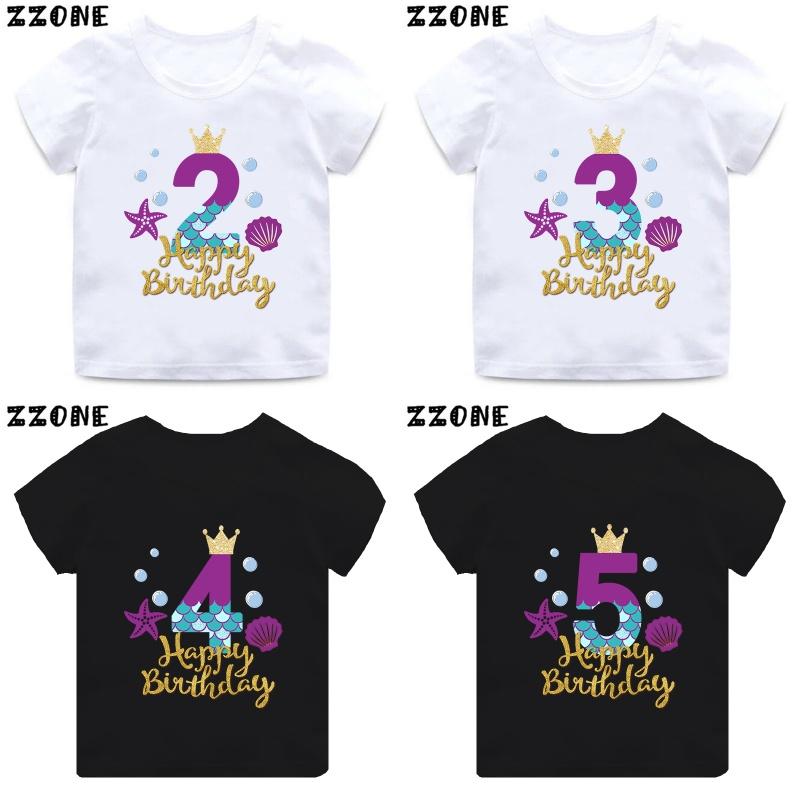 Cute Mermaid Princess Print Girls Clothes 1 2 3 4 5 6 7 8 9 Years Happy Birthday Kids Short Sleeve T shirt Baby Boys T-Shirts