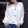 Autumn and Winter Fashion Cardigan Solid Colour Button V-neck Knit Sweater Warm Loose Outer Jumper