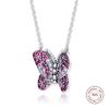Genuine 925 Sterling Silver Necklace Dazzling Pink Butterfly Pendant Necklaces for Women Fine Jewelry Gift