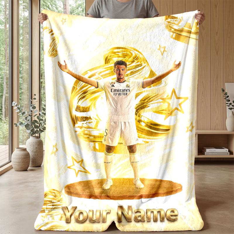 Jude Bellingham Custom Name Text Flannel Blanket Soccer Logo Personalized Fleece Throw Blanket Special Gift For Sofa Bedroom Home