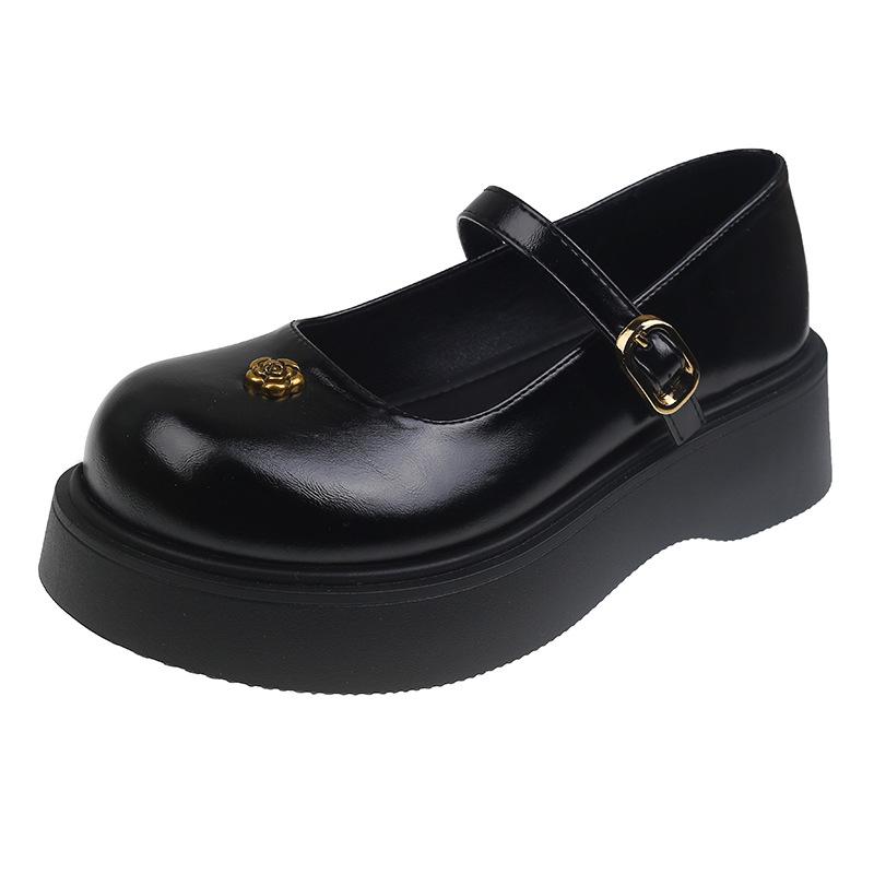 2025 новая весенне-летняя корейская версия туфель на плоской подошве Мэри Джейн с круглым носком, с камелией и металлической отделкой