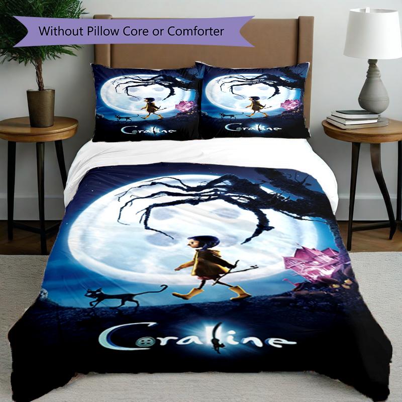 3pcs Duvet Cover Set (1*Duvet Cover + 2*Pillowcase, Without Core), Coraline Print Bedding Set, Bedroom Decor, All‑Season, Birthday Gift
