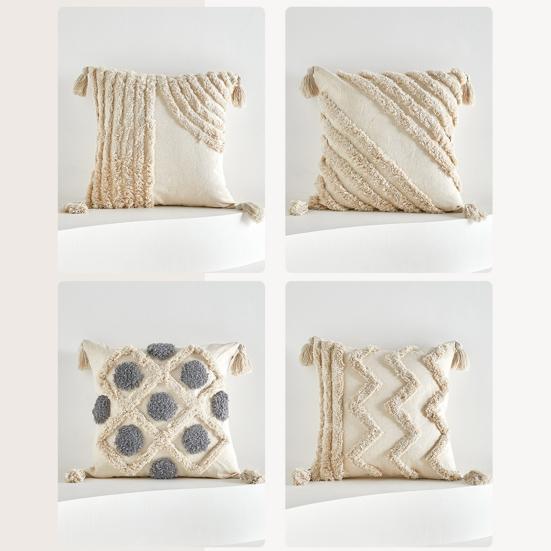 Throw Pillow Case with Tassel Bohemian Style Short Plush Fringe Decor Office