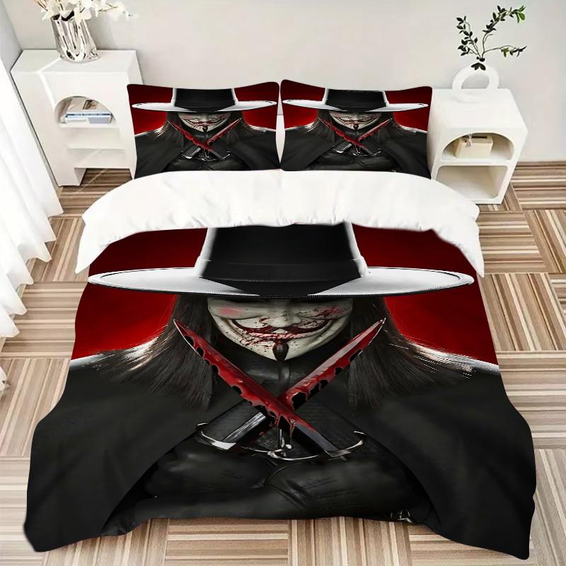 3pcs V for Vendetta Bedding Set, Soft Polyester Duvet Cover and Pillowcases Machine Washable Seasons all suitable & Guest Room Decor219