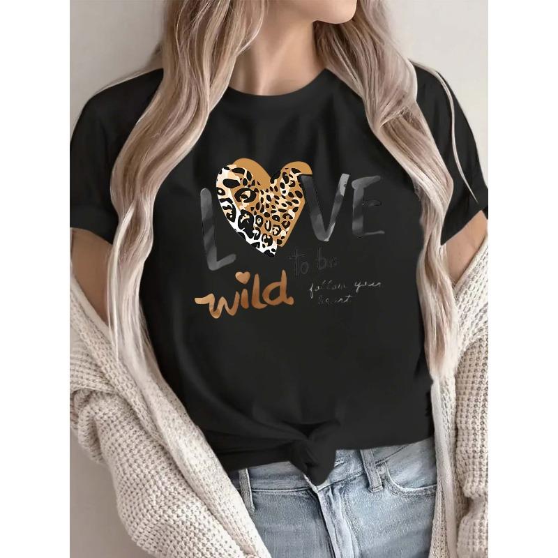 Женская футболка с леопардовым принтом ко Дню святого Валентина, европейский размер - Мягкая легкая футболка с круглым вырезом, повседневная, с белой основой и принтом, для свидания