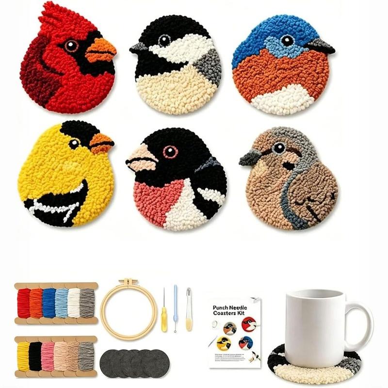 6 PCS DIY Bird Coasters Punch Needle Kit With Hoop Yarn & Patterns Handmade Tufted Bird Mug Rug Craft Set For Adults Stress Relief Home Decor Gift
