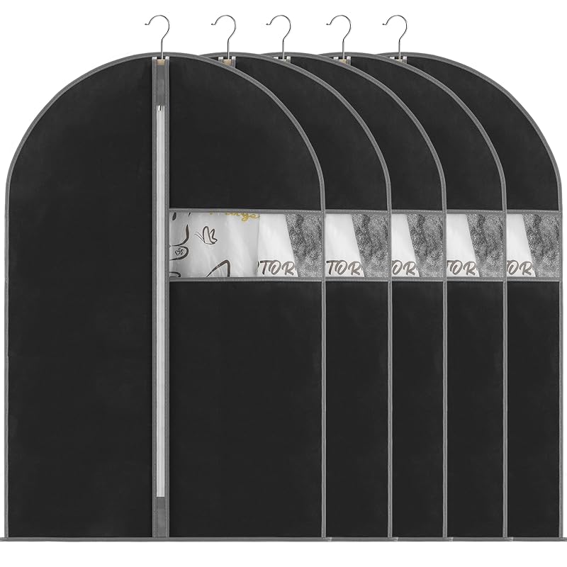 VECELO Garment Covers, Non-woven Fabric, Zipper Closure, 100cm, 5-Pack, Dustproof, Breathable, Stain-resistant, with Transparent Window, Hanger