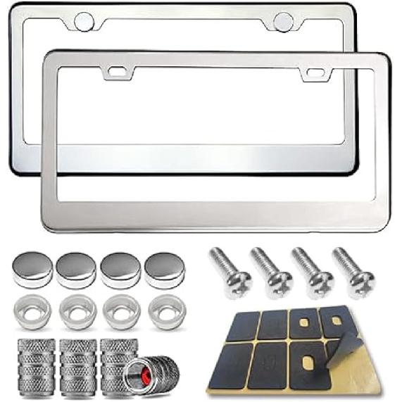 BGGTMO Stainless Steel License Plate Frames- 2 Pack Heavy Duty Polished Mirror Car Tag Cover With Chrome Screws Caps, 4 Holes Front & Rear Holders
