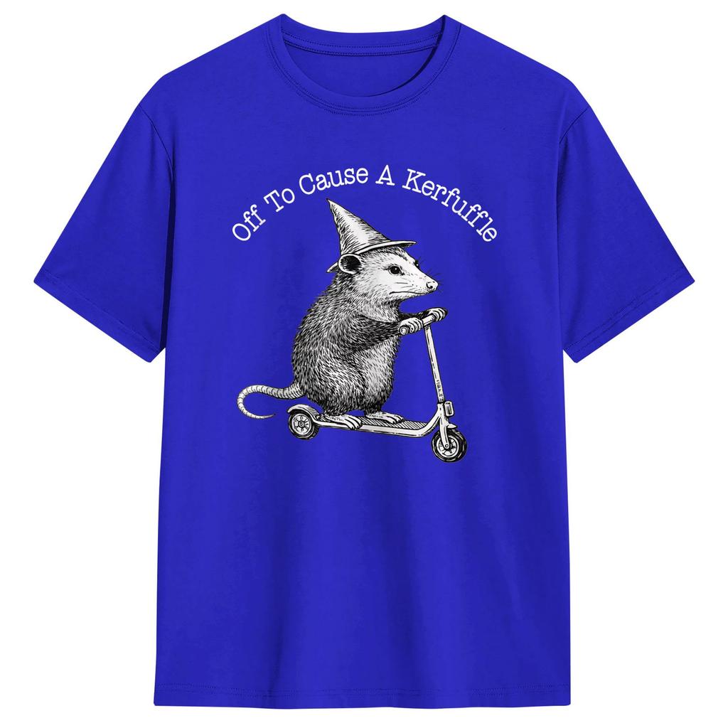 Unisex Women TShirt Off to Cause A Kerfuffle Funny Opossum Riding Scooter T Shirts Leisure Summer Tees Vintage Cotton Clothes