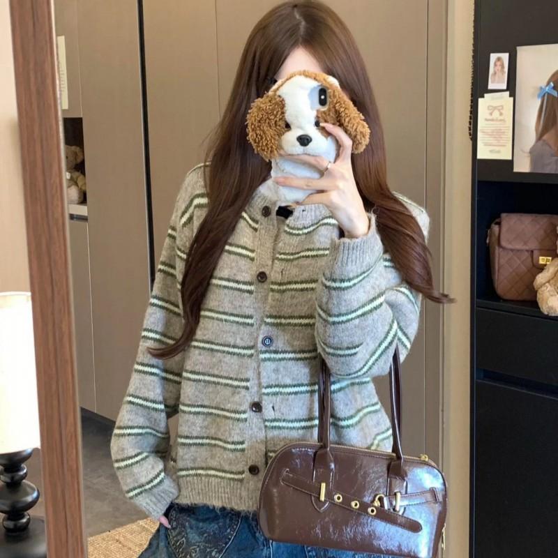 Womens Oversized Knit Cardigan Casual Korean Style Colorblock Stripe Loose Fit Soft Warm Sweater Jacket