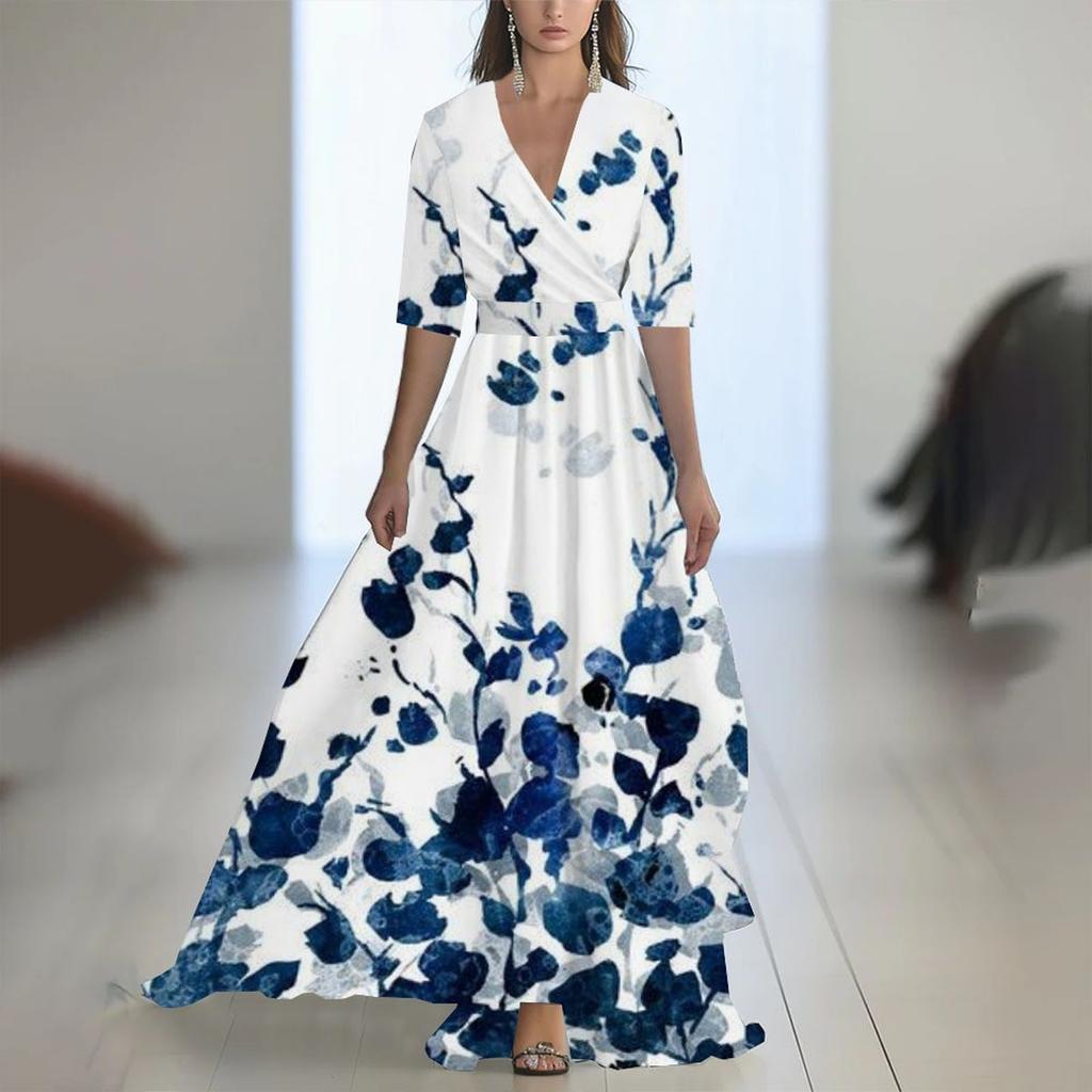 Ladies' Casual And Fashionable Color Printed Patchwork V-neck Long Dress