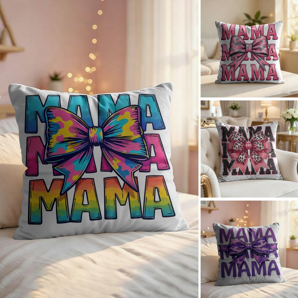 Leopard print with bow mama Cushion Cover Natural Linen Organic Fabric DoubleSided Printing Couch Pillow Covers Home Decor