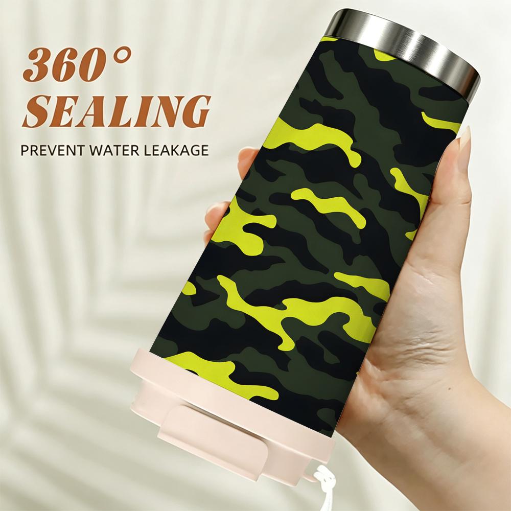 Neon Green Camouflage Tactical Style Insulated Coffee Tumbler Vacuum Stainless Steel Travel Mug Reusable Leakproof Cup for Outdoor Hiking