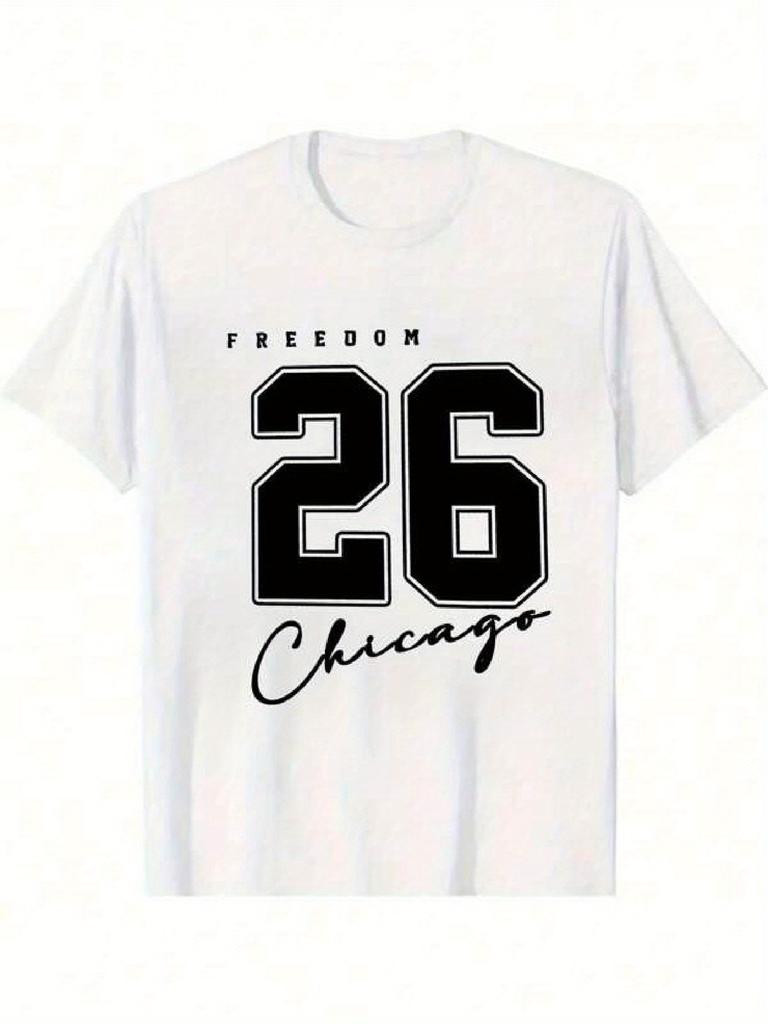 Unisex 100% Cotton T-shirt with Chicago 26 Freedom Graphic Print - White Short Sleeve Round Neck Tee