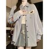Blue Striped Women's Shirt College Style Thin Long Sleeved Coat with Unique Decoration Loose Fitting Lady Clothing