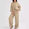 Women's Casual Loose Long Sleeve Shirt and Wide Leg Pants Set In Beige
