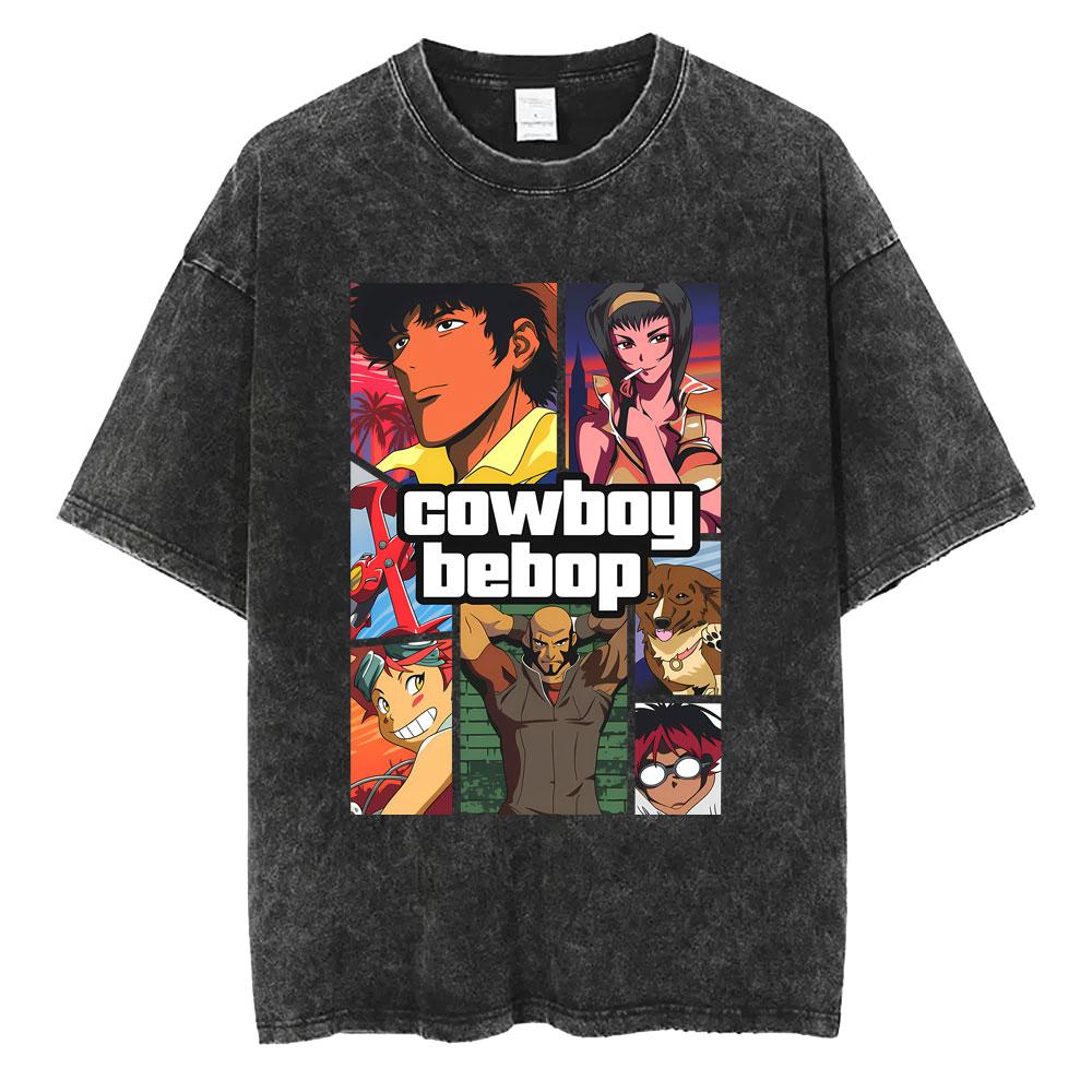 Anime Cowboy Bebop Vintage Washed T-shirt Manga Spike Spiegel Whatever Happens Happens T-shirts Retro Oversized Tee Shirt Unisex