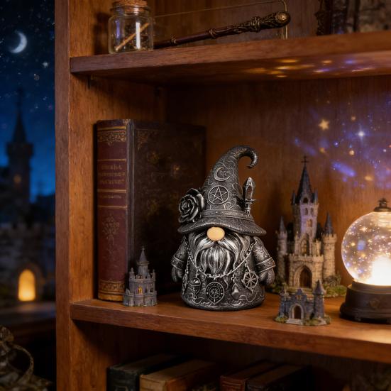 Gothic Wizard Gnome Figurine Halloween Mini Resin Gnome Statue Collectible Tabletop Dwarf Ornament for Indoor Table Shelf Tiered Tray Decor