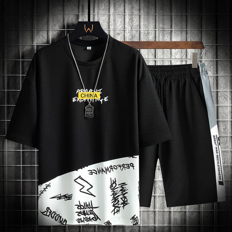 Повседневные мужские комплекты с принтом, футболка высокого качества + шорты, спортивные костюмы, летняя футболка с круглым вырезом, комплект, новая спортивная мужская одежда для бега