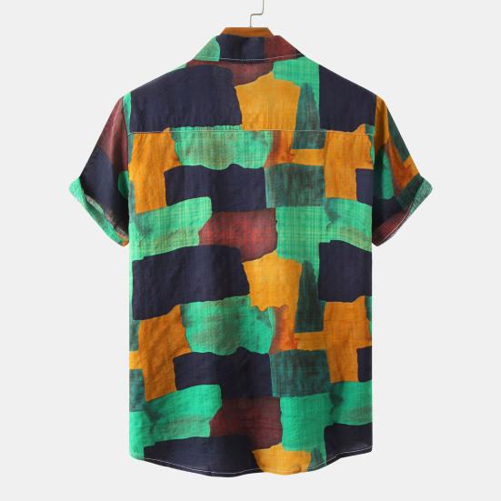 Мужская рубашка в винтажном стиле с геометрическим принтом и красочным отложным воротником, летняя верхняя мужская одежда