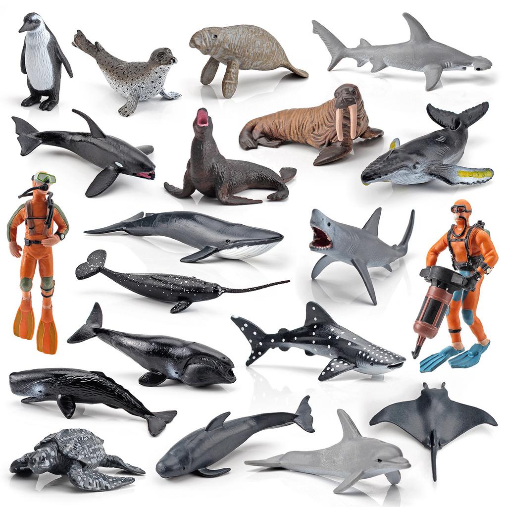 Simulated Killer Whale Devil Fish Sea Lion Penguin Dolphin Marine Animal Diver Model Set Static Ornament Toy