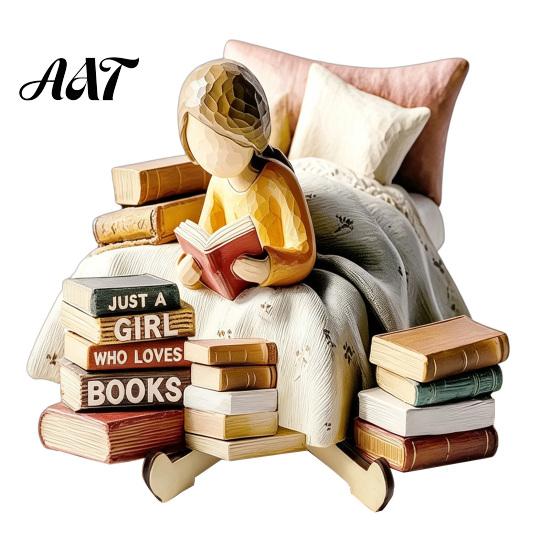 Exquisite Desktop Figurine Decor Wooden Reading Girl Figurine, Stable Pastoral Style Statue Decorative for Desk Decor, Artistic Healing Ornament,