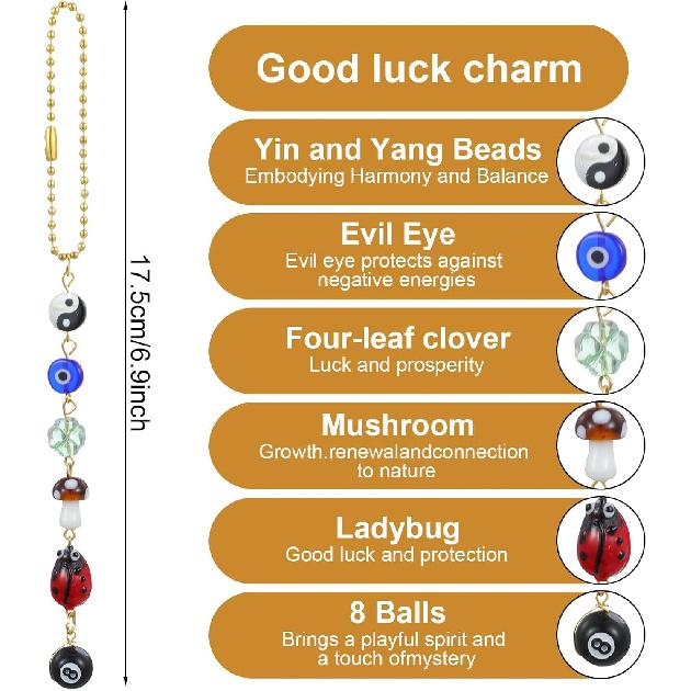 Evil Eye Car Hanging Ornament Rear View Mirror Accessories Good Lucky Cute Boho Car Charm with Ladybug, Four-Leaf Clover, 8 Ball, Mushroom, Yin Yang