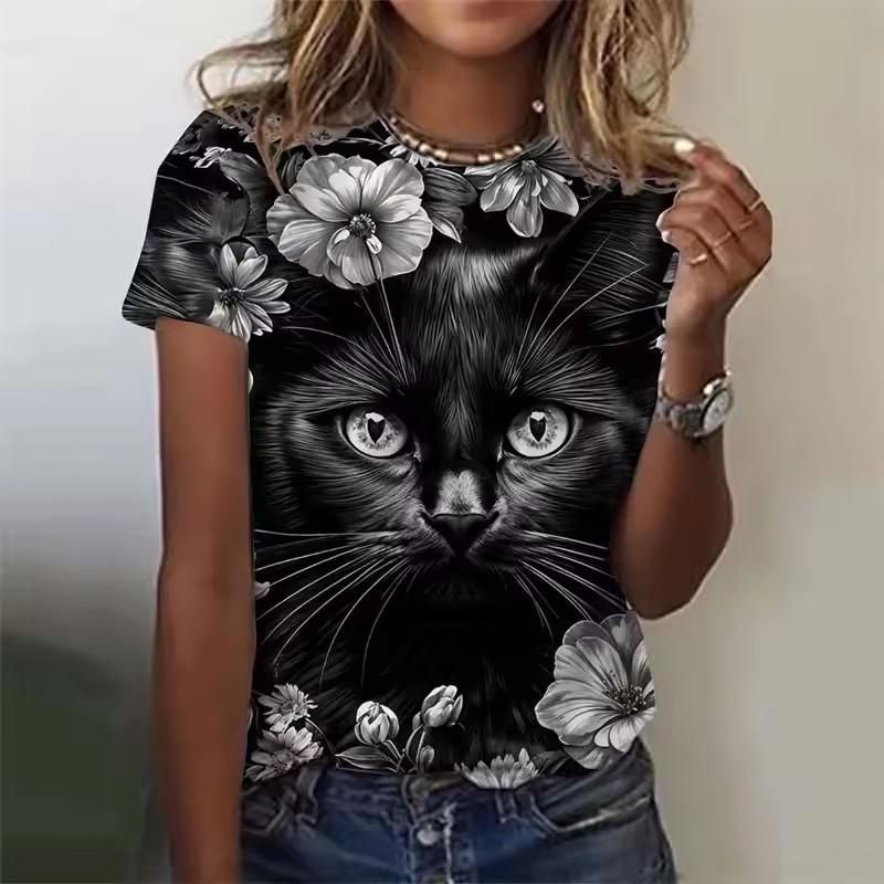 Женская забавная футболка с принтом животных и кошек, футболки с коротким рукавом, топы с 3D-принтами, рубашка с круглым вырезом, летняя повседневная женская одежда