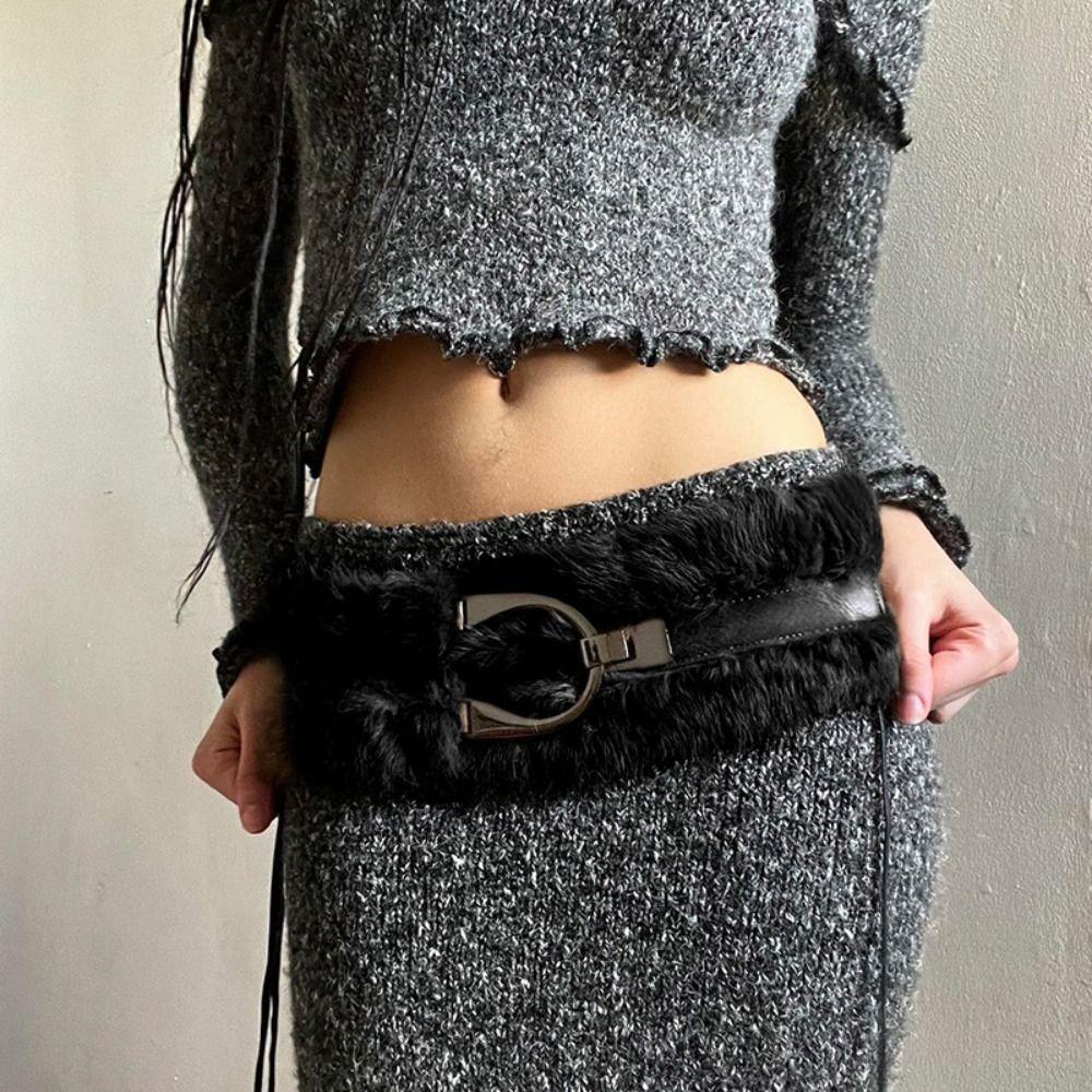Punk Leather Fur Belt Spicy Girl Y2K Waistband Fashion Plush Belt Dress Decoration