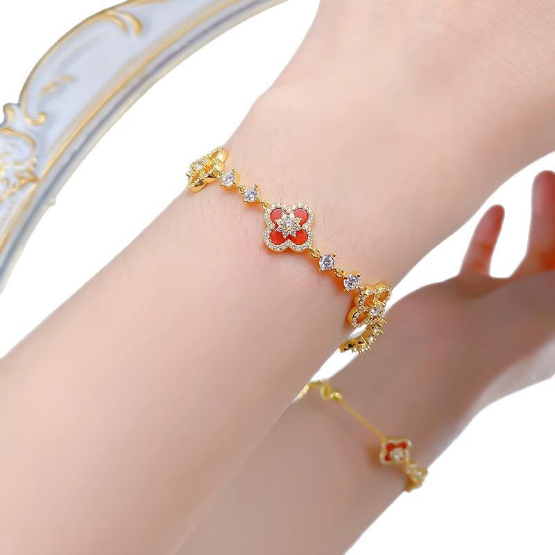 Hui Zhi Yi S925 Silver Four-Leaf Clover Red Agate Adjustable Bracelet for Women