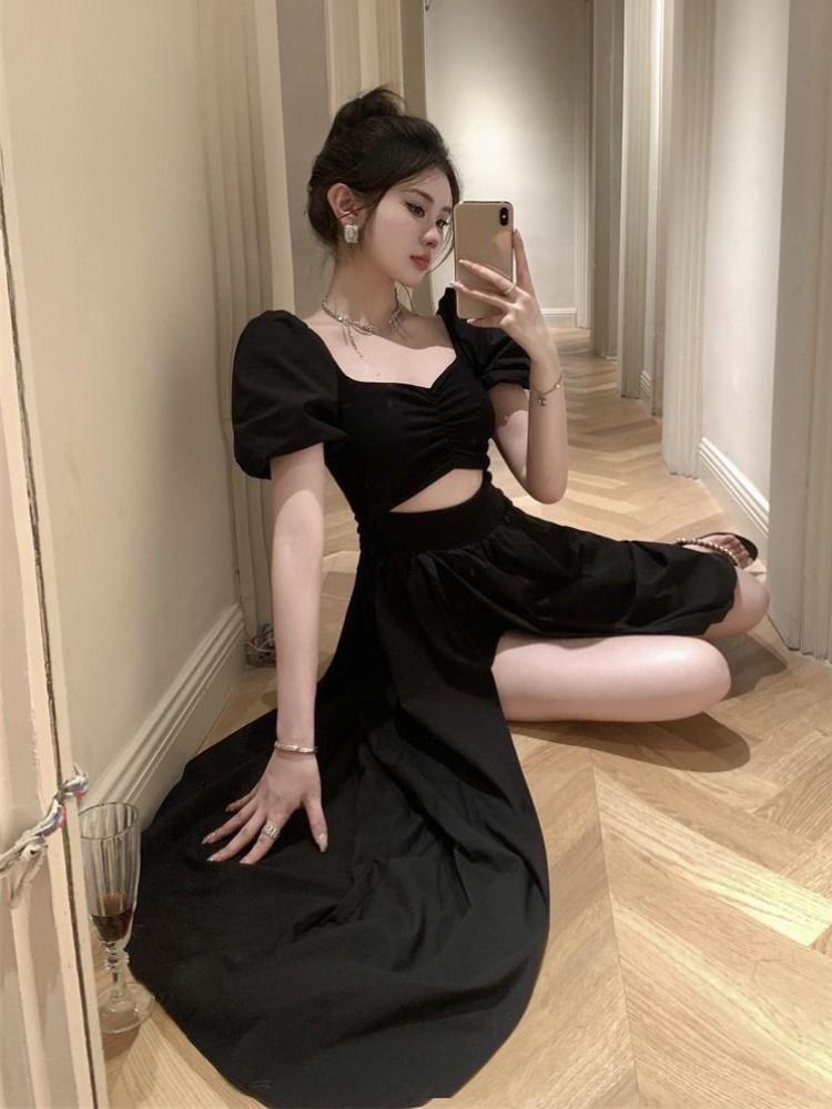 Новое винтажное французское длинное платье с открытой вилкой, женское черное элегантное вечернее платье макси с вырезами, женское сексуальное клубное платье в корейском стиле