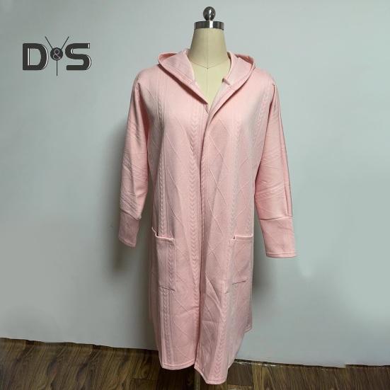 Женский осенне-зимний свитер, пальто с аппликацией с капюшоном, однотонный, толстый трикотаж, свободный, средней длины, с карманами, кардиган, с открытой строчкой, женский свитер, куртка