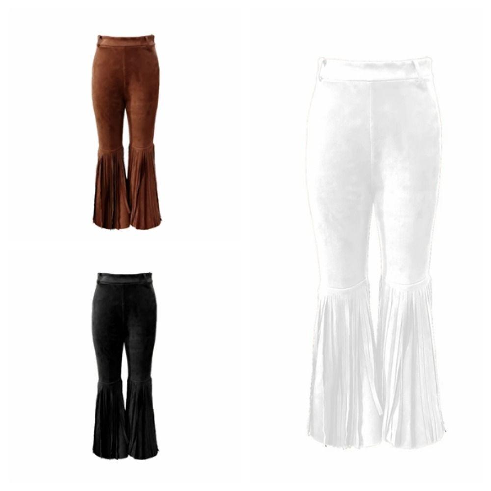Solid Color Suede Tassel Pants Fringe Hem Slim Fit Flare Pants Retro High Waist Trousers Party