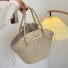 Summer Straw Bag Women Weave Handmade Handbag Drawstring Handle Bag Large Capacity Wave Point Tote Bag Shopping Bags KTY