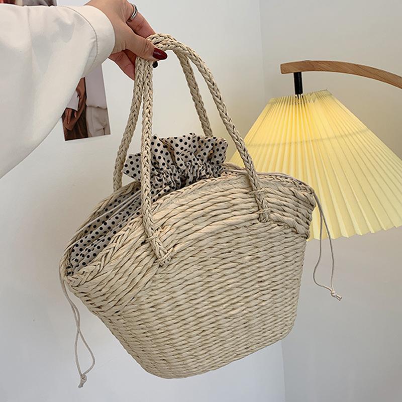 Summer Straw Bag Women Weave Handmade Handbag Drawstring Handle Bag Large Capacity Wave Point Tote Bag Shopping Bags KTY
