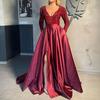 Women Evening Dress Low-cut V Neck Shiny Sequin Tight High Waist Split Hem A-line Big Swing Floor Length Satin Prom Wedding Party Lady Maxi Dress
