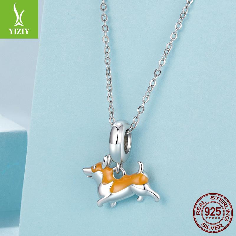 S925 Стерлинговое серебро Милый питомец Щенок Корги Подвеска Сделай сам Ожерелье Браслет Бусины Мода Свободная бусина Аксессуары