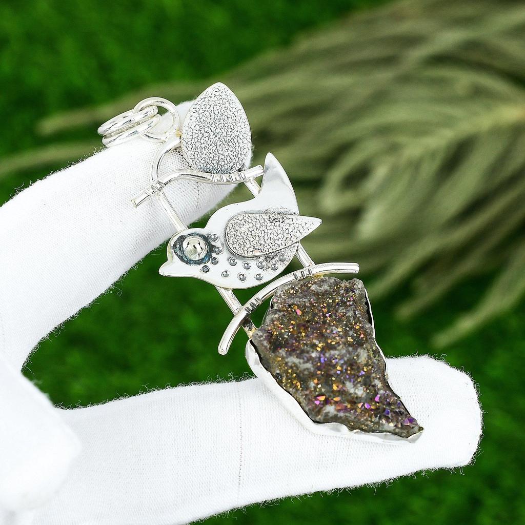 925 Silver Pentagon Titanium Druzy Stone Bezel Mother Birthday Pendant Jewelry