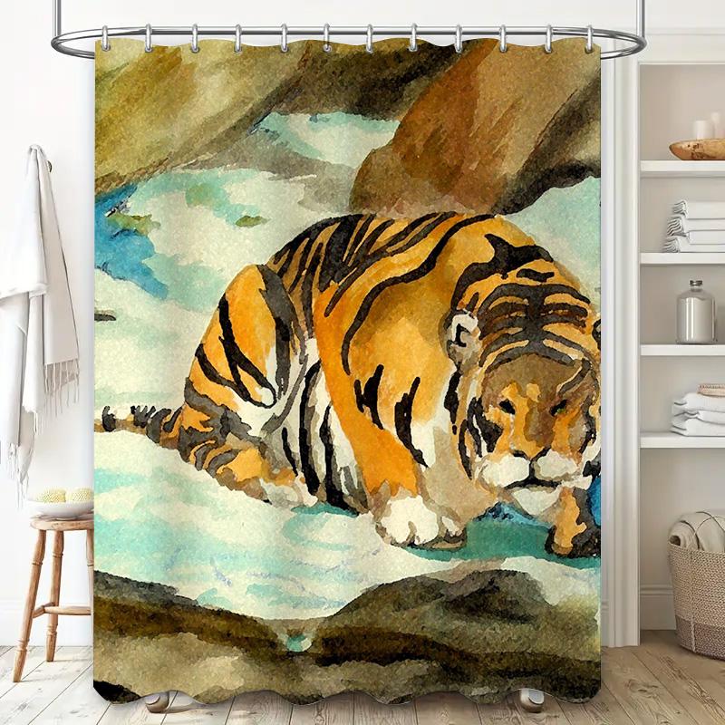 Watercolor Tiger Shower Curtain Bath Decor Printed Fabric Waterproof Rainfall Bathtub Cover 72X84Inch (183X213Cm) Animal Print H