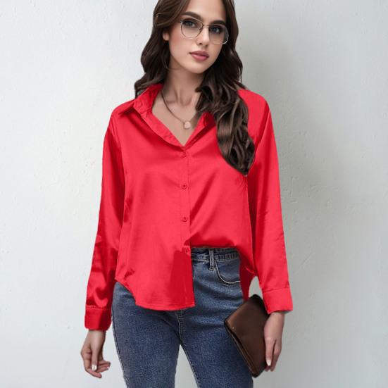 Женская рубашка с лацканами, длинным рукавом, из гладкого атласа, топы, однотонная, свободного кроя, повседневная рубашка, рубашка офисной леди, для повседневной носки