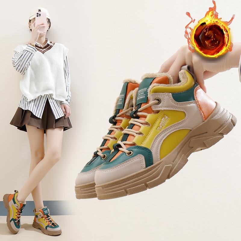 Зимние ботинки для женщин, короткие ботинки на толстой платформе, со шнуровкой, с подкладкой из искусственного меха, женские нескользящие теплые кроссовки для ходьбы с флисовой подкладкой