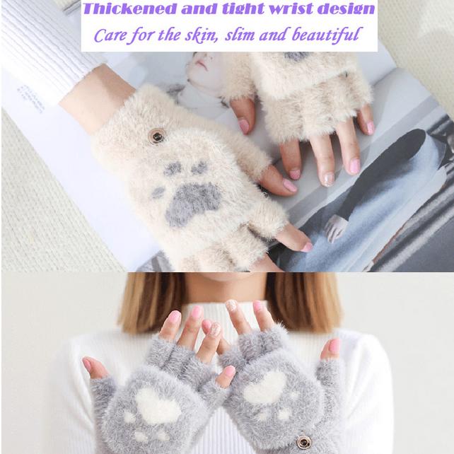 Winter Warm Soft Rabbit Fur Knit Mittens Women Flip Half Finger Plush Thick Cute Cartoon Cat Claw Touch Screen Driving Gloves I1