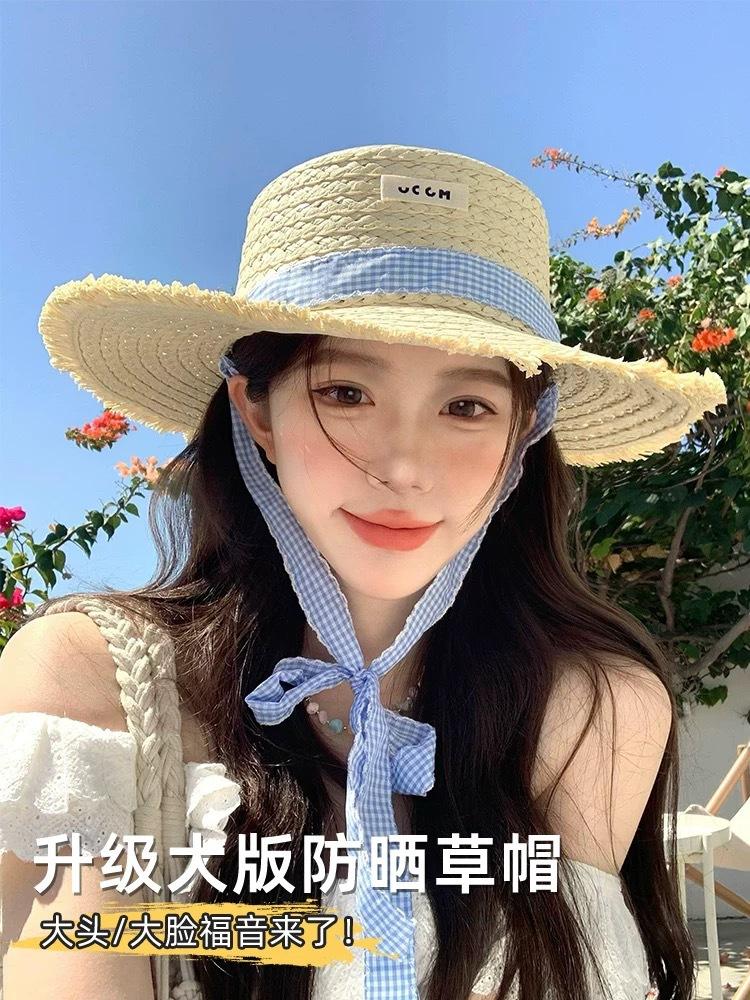 Соломенная шляпа с плоской тульей и ремешком, женская летняя шляпа от солнца, соломенная шляпа с широкими полями, пляжная шляпа, для отпуска на море